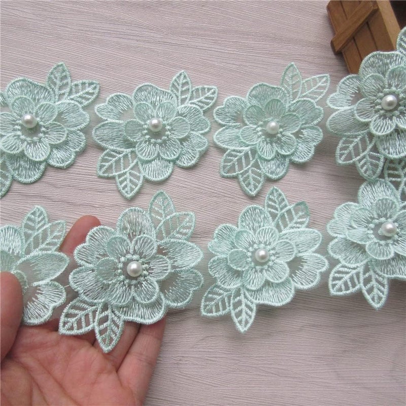 SHBBON 2 Yards 3D Flower Lace Trim Pearl Embroidered Polyester Lace Ribbon Fabric Applique Patchwork for Wedding Dress Handmade DIY Sewing Craft Supplies Decoration (Green) - Image 4